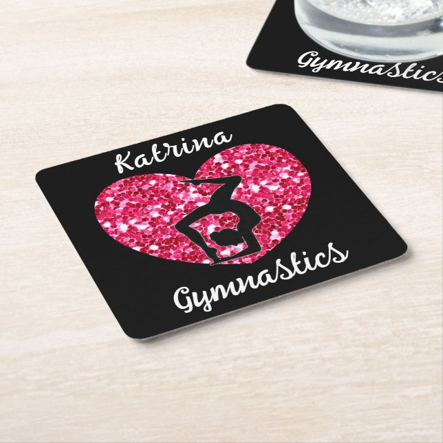 Gymnastics Black and Hot Pink Personalized  Square Paper Coaster (Angled)