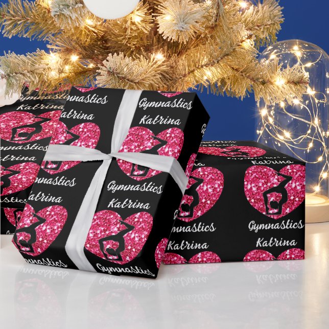 Gymnastics Black and Hot Pink Personalized  Wrapping Paper (Holidays)