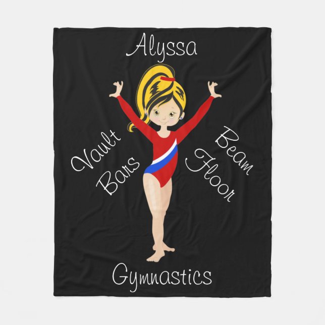Gymnastics Black / Blonde, Hazel Eyes, Red Leotard Fleece Blanket (Front)