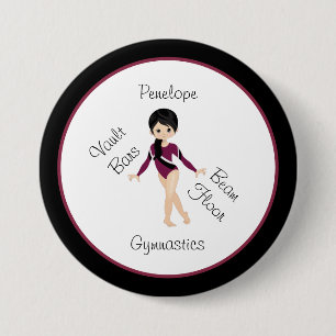 Gymnastics Black Hair, Brown Eyes, Burgundy Leo    3 Inch Round Button