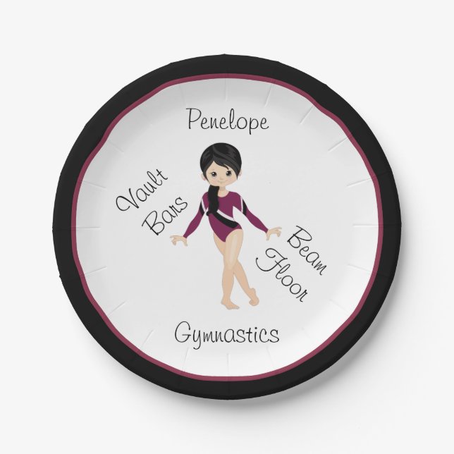 Gymnastics Black Hair, Brown Eyes, Burgundy Leo    Paper Plate (Front)
