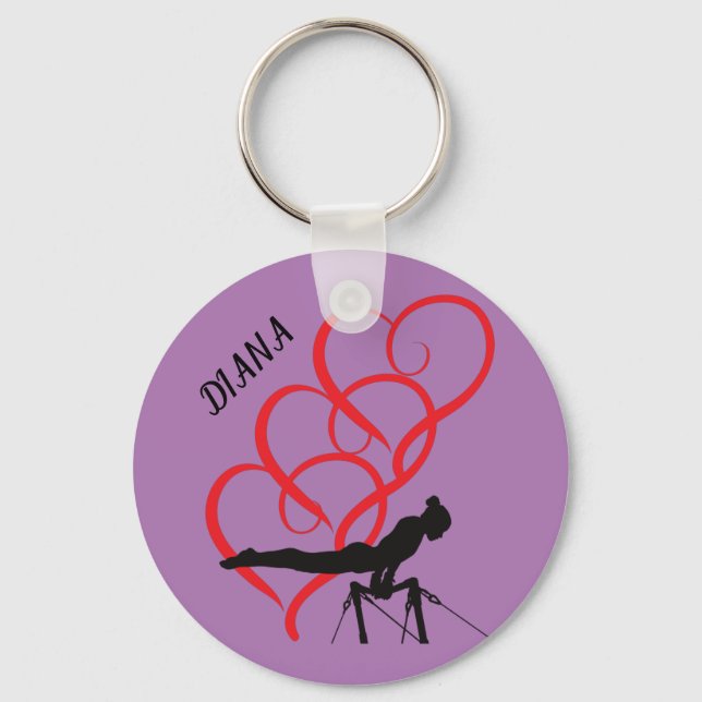 Gymnastics button keychain.  Personalized name. Keychain (Front)