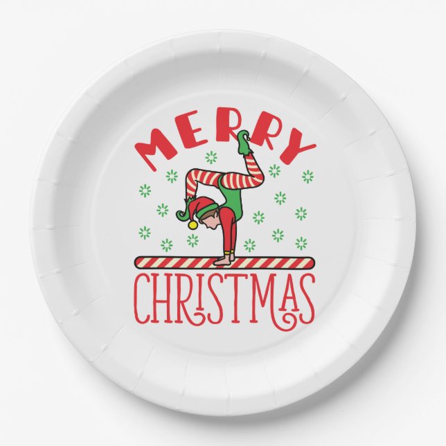 Gymnastics Christmas Elf on Beam Paper Plate (Front)