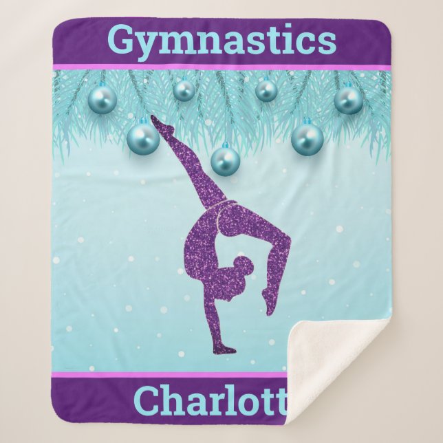 Gymnastics Christmas Purple Aqua Personalized  Sherpa Blanket (Front)