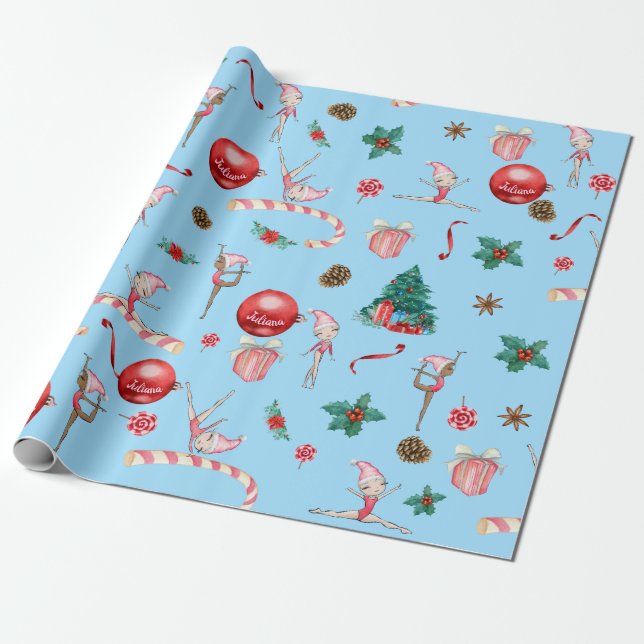 Gymnastics Christmas Wrapping Paper Custom Name  (Unrolled)