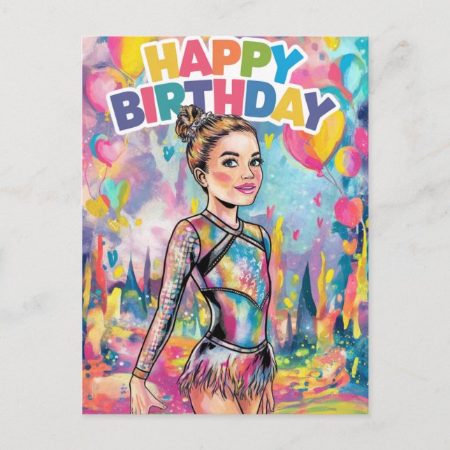 Gymnastics colourful painted personalized birthday postcard (Front)