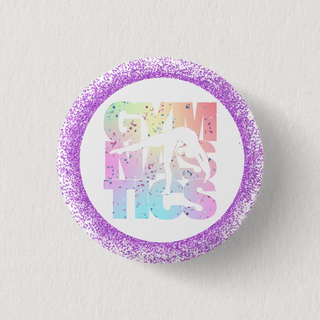 Gymnastics Confetti Letters with Purple Glitter  1 Inch Round Button (Front)