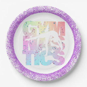 Gymnastics Confetti Letters with Purple Glitter Paper Plate