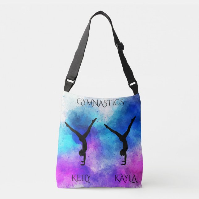 Gymnastics cross body tote with custom names. (Front)