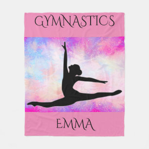 Gymnastics fleece blanket with personalized name.