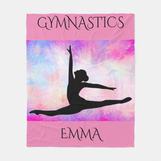Gymnastics fleece blanket with personalized name. (Front)