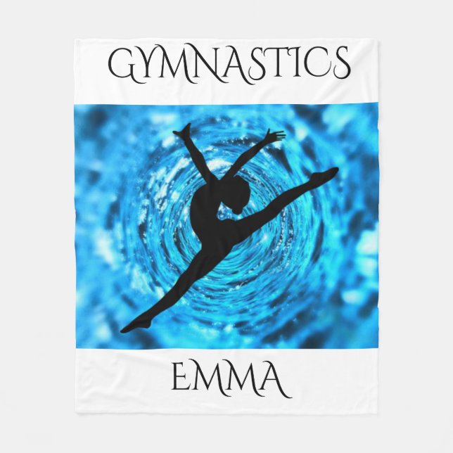 Gymnastics fleece blanket with personalized name. (Front)