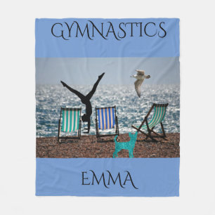 Gymnastics fleece blanket with personalized name.