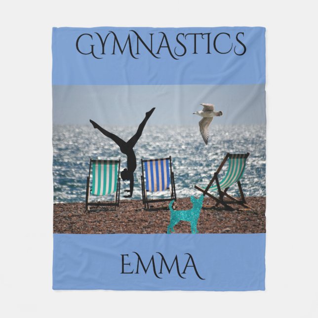 Gymnastics fleece blanket with personalized name. (Front)