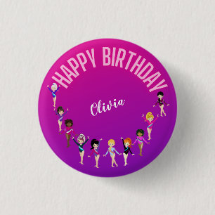 Gymnastics Friends "Happy Birthday" Pink Purple   1 Inch Round Button