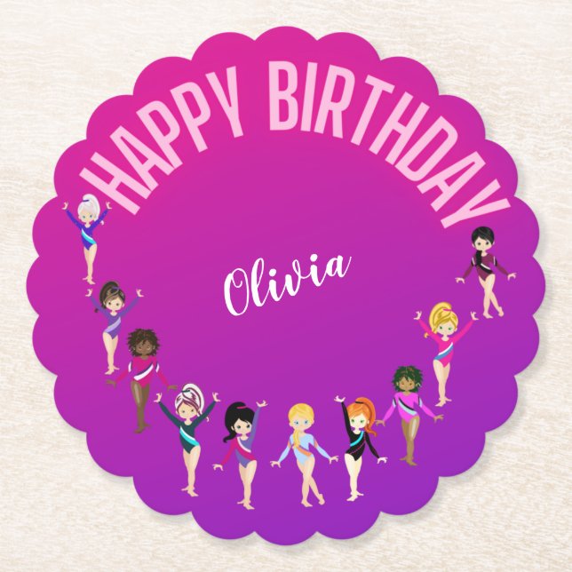 Gymnastics Friends "Happy Birthday" Pink Purple   Paper Coaster (Front)