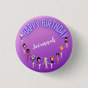 Gymnastics Friends "Happy Birthday" Purple Ombre 1 Inch Round Button