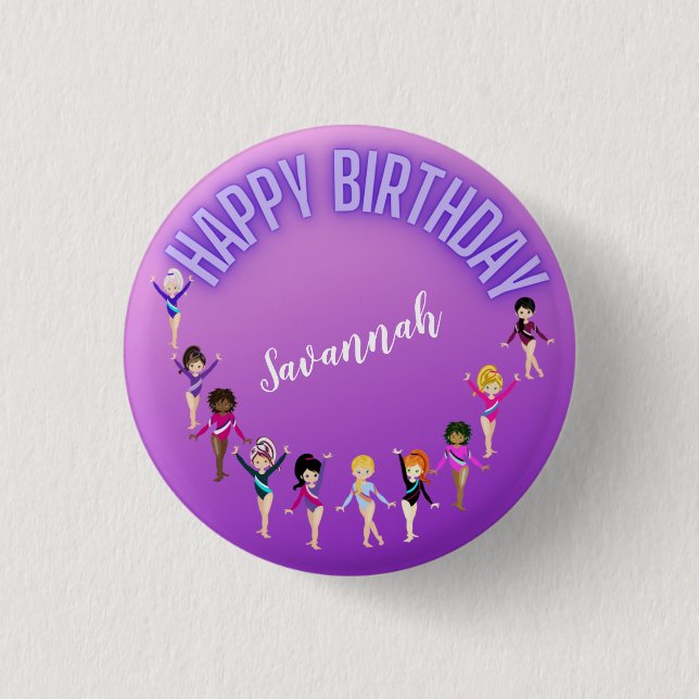 Gymnastics Friends "Happy Birthday" Purple Ombre  1 Inch Round Button (Front)
