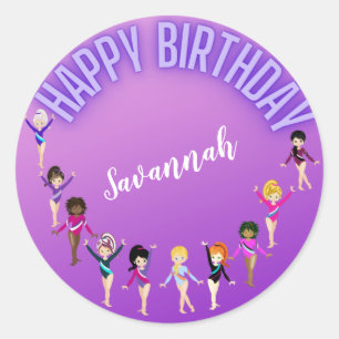 Gymnastics Friends "Happy Birthday" Purple Ombre   Classic Round Sticker