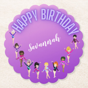 Gymnastics Friends "Happy Birthday" Purple Ombre  Paper Coaster