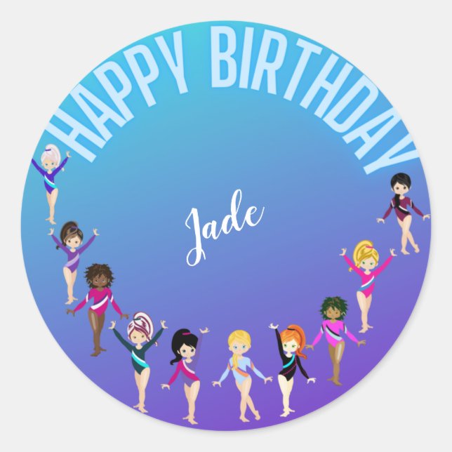 Gymnastics Friends "Happy Birthday" Turquoise   Classic Round Sticker (Front)