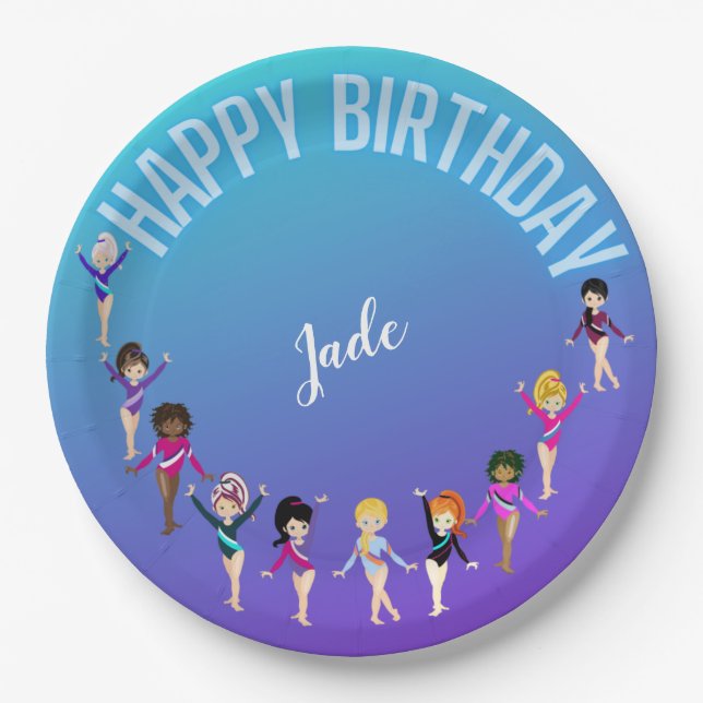 Gymnastics Friends "Happy Birthday" Turquoise   Paper Plate (Front)