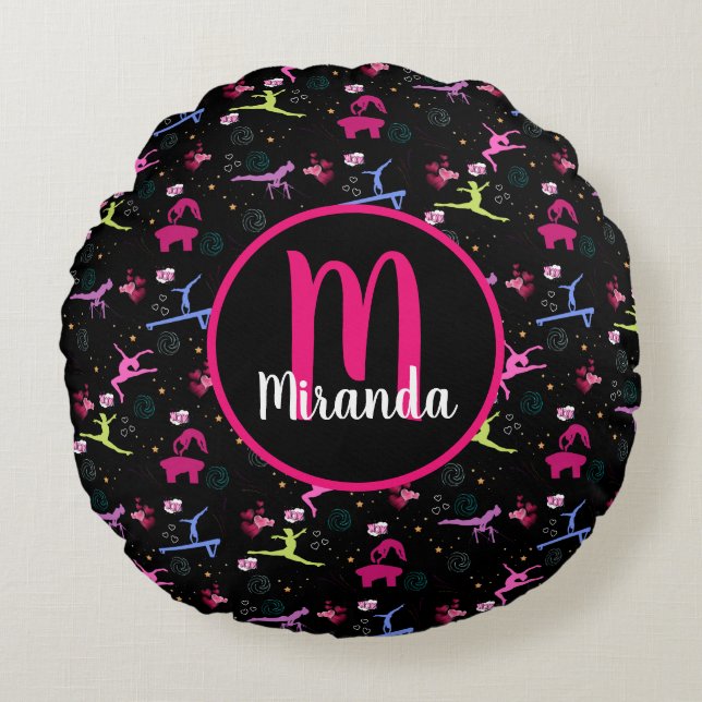 Gymnastics Fun Print Monogrammed  Round Pillow (Front)