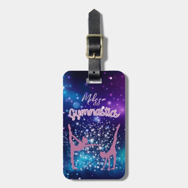 Gymnastics Galaxy Purple Turquoise Personalized Luggage Tag (Front Vertical)
