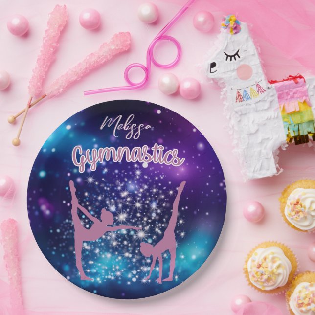Gymnastics Galaxy Purple Turquoise Personalized Paper Plate (Party)