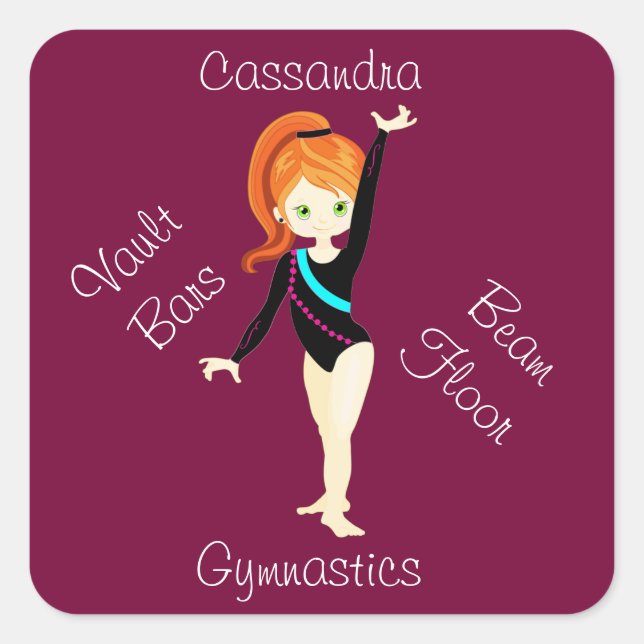 Gymnastics Ginger Hair, Green Eyes, Black Leo   Square Sticker (Front)