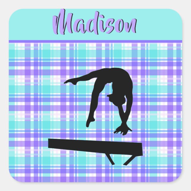 Gymnastics Girl Lilac Purple and Aqua Personalized Square Sticker (Front)