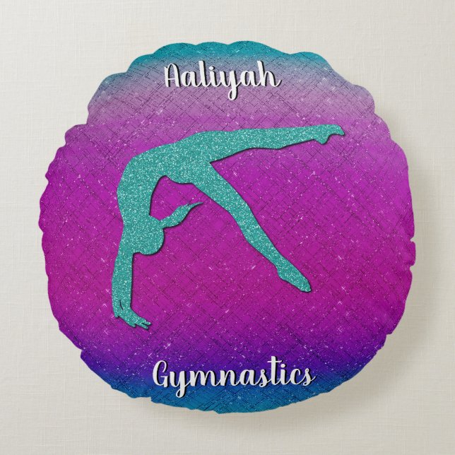 Gymnastics Girl Turquoise Magenta Ombre Round Pillow (Front)