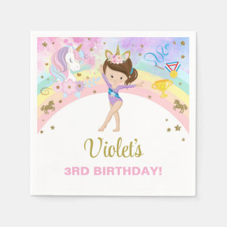Gymnastics girl & unicorn birthday paper napkins. napkin