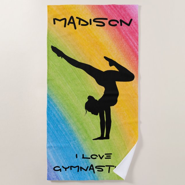 Gymnastics Handstand Rainbow Funky Sketch Font  Beach Towel (Front)