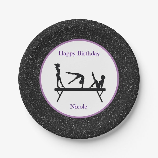 Gymnastics "Happy Birthday" Black Sparkle Paper Plate (Front)