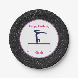 Gymnastics "Happy Birthday" Black Sparkle Paper Plate