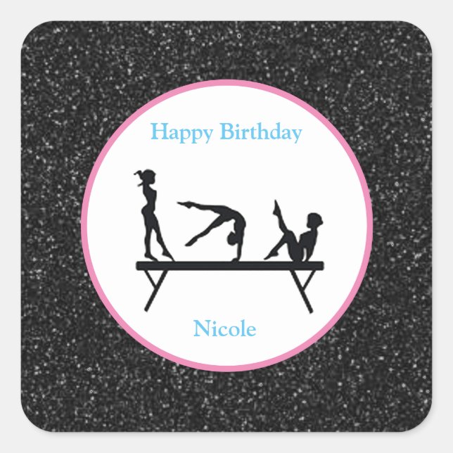 Gymnastics "Happy Birthday" Black Sparkle Stickers (Front)