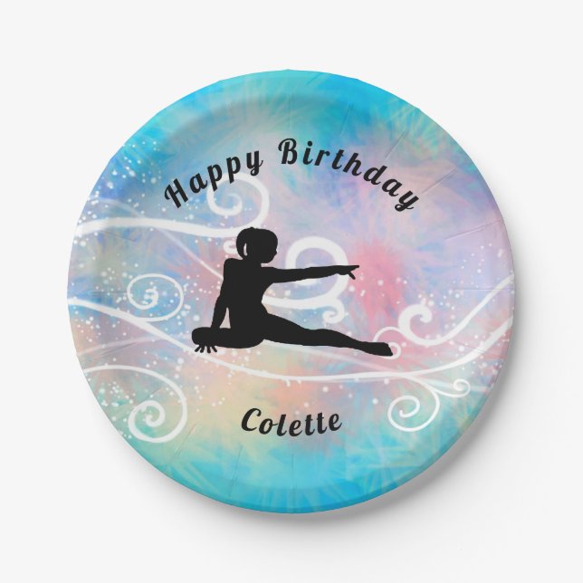 Gymnastics Happy Birthday Custom Swirl Paper Plate (Front)