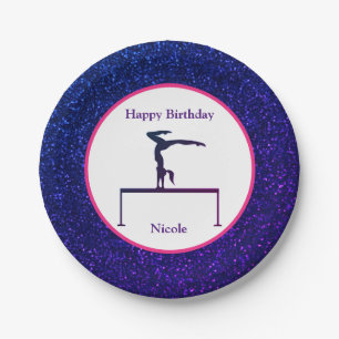 Gymnastics "Happy Birthday" Royal Sparkle Paper Plate