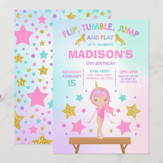 Gymnastics Invitation Unicorn Gymnastics Party (Front/Back)