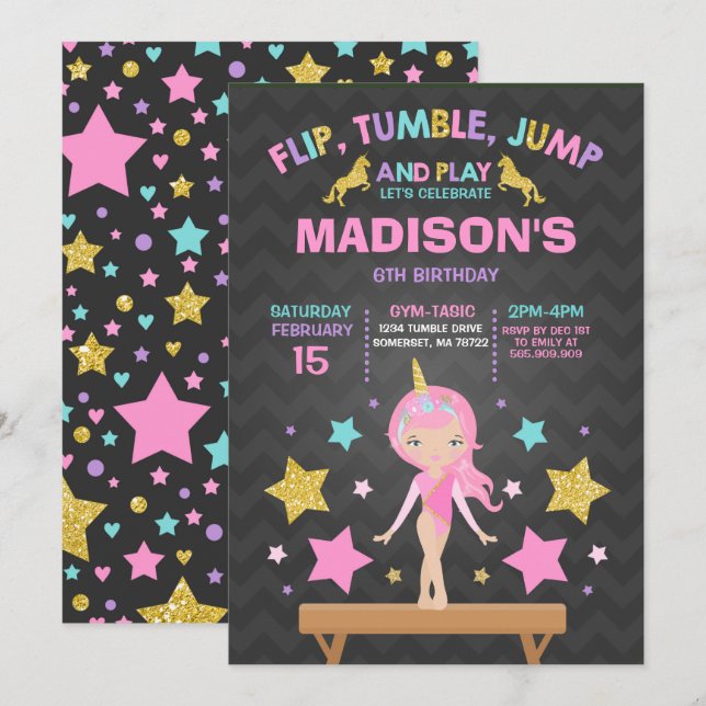 Gymnastics Invitation Unicorn Gymnastics Party (Front/Back)
