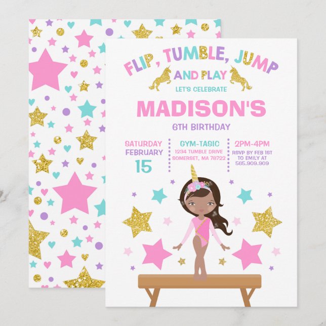 Gymnastics Invitation Unicorn Gymnastics Party (Front/Back)