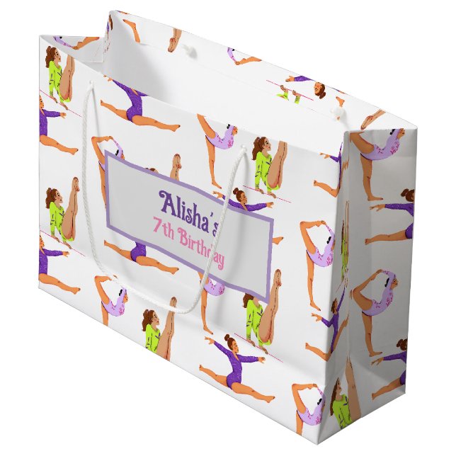 Gymnastics jump Cartwheels girl birthday party Gif Large Gift Bag (Front Angled)