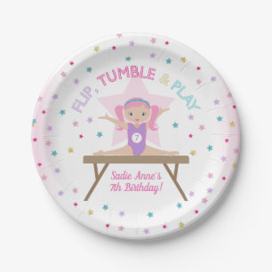 Gymnastics Jump Pink Hair Birthday Party Paper Plate