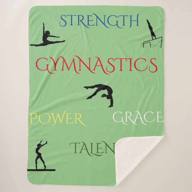 GYMNASTICS LARGE SHERPA FLEECE BLANKET IN SAGE. (Front)