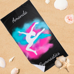 Gymnastics Leap Pink Blue Colour Bomb with Name  Beach Towel
