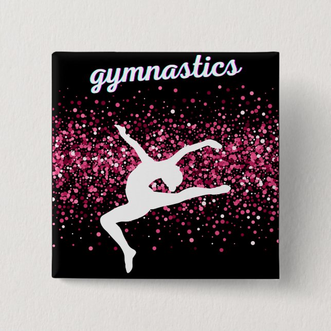 Gymnastics Leap Pink Glitter 2 Inch Square Button (Front)