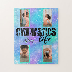 Gymnastics Life Pastel Personalized Name & 4 Photo Jigsaw Puzzle