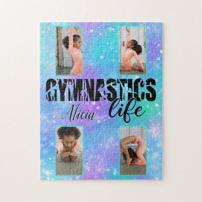 Gymnastics Life Pastel Personalized Name & 4 Photo Jigsaw Puzzle (Vertical)
