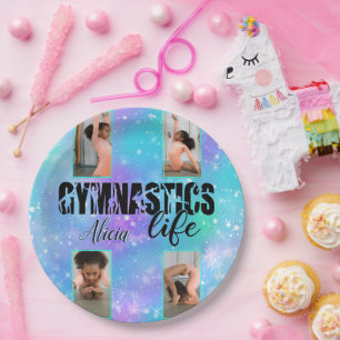 Gymnastics Life Pastel Personalized Name & 4 Photo Paper Plate